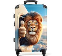 NoBoringSuitcases© Children's Luggage Kids Suitcase for Boys | Large Hard Shell Trolley on Wheels - Lion Thumbs Up Airplane Window - 26" - 28" - 23kg