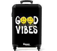 NoBoringSuitcases.com® Adults Luggage Suitcase for Women and Men - Personalised Cabin Suitcase on Wheels - Good Vibes - Black - 55x40x20cm - Hard Shell Luggage - 20 Inch - 10kg