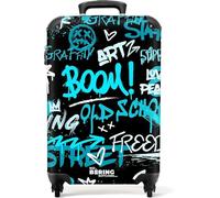 NoBoringSuitcases.com® Adults Luggage Suitcase for Women and Men - Personalised Cabin Suitcase on Wheels - Blue Graffiti Text - Customisable - 55x40x20cm - Hard Shell Luggage - 20 Inch - 10kg
