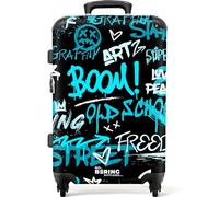 NoBoringSuitcases.com® Adults Luggage Suitcase for Women and Men - Personalised Large 26-28 inch - Blue Graffiti Text - Customisable - Hard Shell Trolley - On Wheels - 23kg