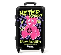 NoBoringSuitcases.com® Adults Luggage Suitcase for Women and Men - Personalised Large 26-28 inch - Teddy Bear - Never Regret - Customisable - Hard Shell Trolley - On Wheels - 23kg