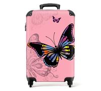 NoBoringSuitcases.com® Cabin Suitcase for Women and Men - Luggage with Wheels - Butterfly Pink Background - Pink - Carry-Ons 55x40x20cm - Lightweight Suitcase - Hard Shell Trolley - 20 Inch - 10kg