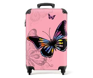 NoBoringSuitcases.com® Cabin Suitcase for Women and Men - Luggage with Wheels - Butterfly Pink Background - Pink - Carry-Ons 55x40x20cm - Lightweight Suitcase - Hard Shell Trolley - 20 Inch - 10kg