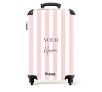 NoBoringSuitcases.com® Children's Kids - Personalised Lightweight Hand Luggage on Wheels - Cabin Suitcase - Pink and White Stripes - Vertical - 55x40x20cm - Hard Shell Trolley - 10kg