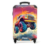 NoBoringSuitcases.com® Children's Luggage Kids Suitcase for Boys - Hand Luggage - Cabin Suitcase - Hard Shell Trolley 55x40x20 cm on Wheels - Pink Monster Truck - Flames - 20 Inch - 10kg
