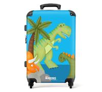 NoBoringSuitcases.com® Children's Luggage Kids Suitcase for Boys - Large Hard Shell Trolley on Wheels - Green Orange Dinosaur Blue Background - 26-28 inch - 23kg