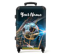NoBoringSuitcases.com® Children's Luggage Kids Suitcase for Boys - Personalised Large 26-28 inch - Black-and-White Football in Net - Stadium - Customisable - Hard Shell Trolley - On Wheels - 23kg