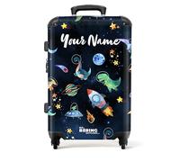 NoBoringSuitcases.com® Children's Luggage Kids Suitcase for Boys - Personalised Large Hard Shell Luggage on Wheels - Dinosaurs in Dark Blue Space - 26-28 inch - 23kg