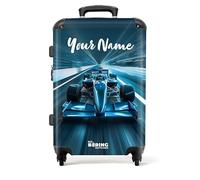 NoBoringSuitcases.com® Children's Luggage Kids Suitcase for Boys - Personalised Large Hard Shell Luggage on Wheels - Cyan-Blue Race Car in Tunnel - 26" - 28" - 23kg