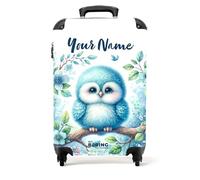 NoBoringSuitcases.com® Children's Luggage Kids Suitcase for Boys - Personalised Lightweight Cabin Suitcase on Wheels - Blue Owl Chick on Branch - 55x40x20cm - Hard Shell Trolley - 20" - 10kg