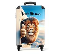 NoBoringSuitcases.com® Children's Luggage Kids Suitcase for Boys - Personalised Lightweight Cabin Suitcase on Wheels - Lion Thumbs Up Airplane Window - 55x40x20cm - Hard Shell Trolley - 20" - 10kg