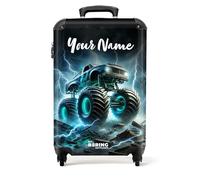 NoBoringSuitcases.com® Children's Luggage Kids Suitcase for Boys - Personalised Lightweight Cabin Suitcase on Wheels - Monster Truck Blue Accents - 55x40x20cm - Hard Shell Trolley - 20" - 10kg