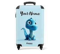 NoBoringSuitcases.com® Children's Luggage Kids Suitcase for Boys - Personalised Lightweight Cabin Suitcase on Wheels - Blue Dinosaur with Blue Eyes - 55x40x20cm - Hard Shell Trolley - 20" - 10kg
