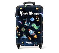 NoBoringSuitcases.com® Children's Luggage Kids Suitcase for Boys - Personalised Lightweight Cabin Suitcase on Wheels - Dinosaurs in Dark Blue Space - 55x40x20cm - Hard Shell Trolley - 20" - 10kg