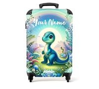 NoBoringSuitcases.com® Children's Luggage Kids Suitcase for Boys - Personalised Lightweight Cabin Suitcase on Wheels - Dino Flowers and Plants - 55x40x20cm - Hard Shell Trolley - 20" - 10kg