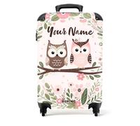 NoBoringSuitcases.com® Children's Luggage Kids Suitcase for Girls - Personalised Cabin Suitcase on Wheels - Pink and Brown Owl on Branch - 55x40x20cm - Lightweight Hard Shell Trolley - 20" - 10kg