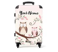 NoBoringSuitcases.com® Children's Luggage Kids Suitcase for Girls - Personalised Large Hard Shell Luggage on Wheels - Two Owls on Branch with Leaves - 26-28 inch - 23kg