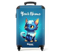 NoBoringSuitcases.com® Children's Luggage Kids Suitcase - Personalised Lightweight Hand Luggage on Wheels - Cabin Suitcase - Blue Cat with White - 55x40x20cm - Hard Shell Trolley - 20" - 10kg