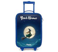 NoBoringSuitcases.com® Kids Suitcase Blue Personalized with Name 48x31x19 cm Children's Luggage On Wheels LED Toddler Trolley Small Travel Ultralight - Boys - Witch - Moonlight - Flight