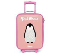 NoBoringSuitcases.com® Kids Suitcase Pink Personalized with Name 48x31x19 cm Children's Luggage On Wheels LED Childs Trolley Small Case Ultralight - Girls - Penguin - Dots - Pink - Minimalist
