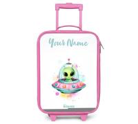 NoBoringSuitcases.com® Kids Suitcase Pink Personalized with Name 48x31x19 cm Children's Luggage On Wheels LED Childs Trolley Small Case Ultralight - Girls - Alien - UFO