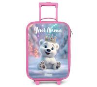 NoBoringSuitcases.com® Kids Suitcase Pink Personalized with Name 48x31x19 cm Children's Luggage On Wheels LED Toddler Trolley Small Travel Ultralight - Girls - Polar Bear - Crown - Winter