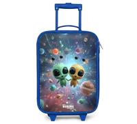 NoBoringSuitcases© Kids Suitcase Blue Compact Children's Suitcases Wheels | 48x31x19 cm - LED Toddler Pull Along Travel Case Ultralight - Boys - Happy - Alien - Friends