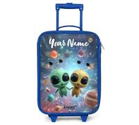NoBoringSuitcases© Kids Suitcase Blue Personalized with Name Children's | 48x31x19 cm - Suitcases Wheels LED Toddler Pull Along Travel Case Ultralight - Boys - Happy - Alien - Friends