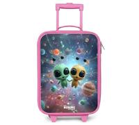 NoBoringSuitcases© Kids Suitcase Pink Compact Children's Suitcases Wheels | 48x31x19 cm - LED Toddler Pull Along Travel Case Ultralight - Boys - Happy - Alien - Friends