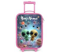 NoBoringSuitcases© Kids Suitcase Pink Personalized with Name Children's | 48x31x19 cm - Suitcases Wheels LED Toddler Pull Along Travel Case Ultralight - Boys - Happy - Alien - Friends