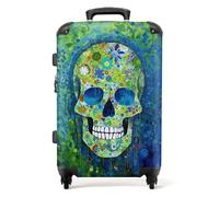 NoBoringSuitcases© Large Suitcase for Women and Men | Medium Luggage with Wheels - Skull Botanical - Green Blue - Lightweight Suitcase - Hard Shell Trolley - 26-28 Inch - 23kg