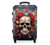 NoBoringSuitcases© Large Suitcase for Women and Men | Medium Luggage with Wheels - Skull Flowers Dark - Gray Red - Lightweight Suitcase - Hard Shell Trolley - 26-28" - 23kg