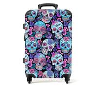 NoBoringSuitcases© Large Suitcase for Women and Men | Medium Luggage with Wheels - Skull Pattern - Blue Pink - Lightweight Suitcase - Hard Shell Trolley - 26-28 Inch - 23kg