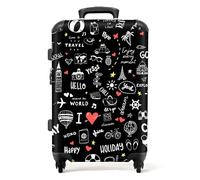 NoBoringSuitcases© Large Suitcase for Women and Men | Medium Luggage with Wheels - Travel Patterns - Black - Lightweight Suitcase - Hard Shell Trolley - 26-28 Inch - 23kg