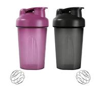 Nocecfi Protein & Supplement Shaker Bottle, 2 Pcs Protein Shaker Bottles with Stainless Steel Mixing Ball 400ml, Leakproof Flip On Lid Shake Cup for Men Women (Black, Purple)