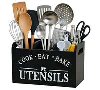 Nocecfi Wooden Kitchen Utensil Holder, Cooking Utensil Organizer with 3 Compartment and Drainage Bottom Farmhouse Utensil Cutlery Caddy Cooking Tools Storage for Countertop (Black)