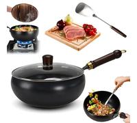 noclerv Iron Pot, 9/11'' Japanese Hand-Forged Non-Stick Iron Pan with Wooden Lid/Glass Cover, Large Capacity Uncoated Household Cooking Pan Suitable Cooker Gas, Induction Cookers (Glass Cover,11'')