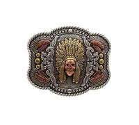 Nocona Men's Western Buckle with Feathered Headdress Motif, Copper Skull and Feathers, Rope Edge, Silver, 3.5" x 2.5"