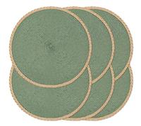 Noctiflorous 15 Inch Round Braided Placemats Set of 6 Washable Wipeable Easy Clean Heat Resistant Woven Dining Table Mats Decor for Holiday Parties Indoor Outdoor Daily Use(Green Thin Edge, 6)