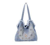 Noctimin Denim Tote Bag for Women, Floral Embroidered Bag with Frayed Edges | Washed denim tote with floral embroidery, intentional frayed edges and a roomy soft shape for everyday shoulder carry.
