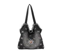 Noctimin Denim Tote Bag for Women, Floral Embroidered Bag with Frayed Edges | Washed denim tote with floral embroidery, intentional frayed edges and a roomy soft shape for everyday shoulder carry.