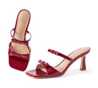 Noctivelle Women Bow Heel Mule Square Toe Cute Patent Leather Heel Sandals, Red, 4.5 UK