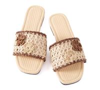 Noctivelle Women Flat Sandals Trendy Summer Crochet Cute Open Toe | Crochet Open Toe Slipper Floral Applique Green Trim Woven Footbed Raffia Flat Slide Sole Beach Summer Vacation