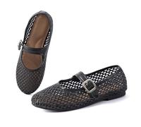 Noctivelle Women Woven Flats Mesh Ballet Summer Mary Jane Sandal Buckle Strap Round Toe Breathable Casual Walking Trendy Raffia Flat, Black, 7 UK