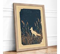 Nocturnal Fox Among Stars Rustic Framed Wall Art Print A1 (84.1×59.4cm) Oak, Wall Decor for Living Room, Bedroom, Office & Home, Ready to Hang, Art Gift