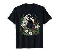 Nocturnal Woodland Badger Moon Flowers and Berries T-Shirt