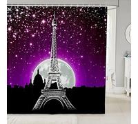 NODATE Eiffel Tower Shower Curtain 180x180 cm Purple 3D printed Eiffel Tower Shower Curtains for Bathroom Waterproof Polyester Anti Mould Bath Curtain with Hooks