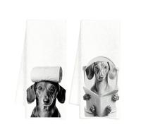 Nodrex 2PCS Dachshund Tea Towels for Kitchen, Soft Microfibre Tea Towels, Cute Sausage Dog Dish Towels, White Dog Towel with Black-Gray Prints, 15.7 x 23.6 Inch，Handtücher Mit Dackelmuster