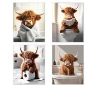Nodrex 4 Pcs 20×30cm Highland Cow Wall Art for Bathroom, Funny Bathroom Pictures and Bathroom Prints for Walls, Cute Highland Cow Pictures, Toilet Wall Art Decor Unframed