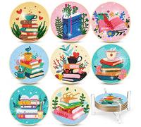 Nodrex 8 PCS Diamond Art Coasters Set, Diamond Painting Coasters with Holder, Coaster Making Kit, Diamond Art Kits for Adults, Mini Diamond Art Kits, Craft Gifts for Women, Book Flower DIY Coasters